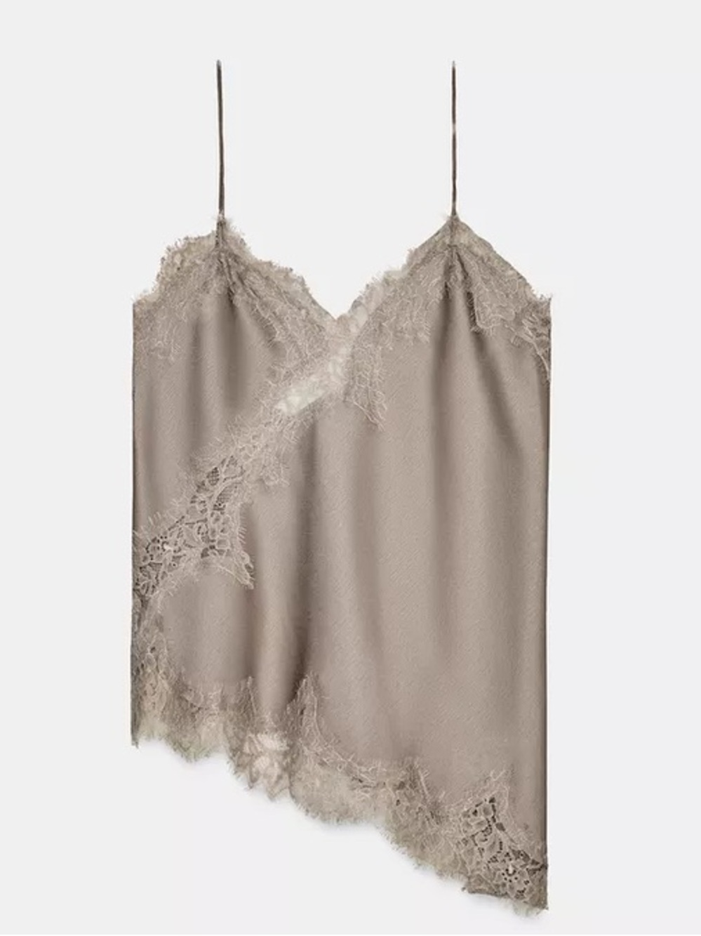Zara Lace Trim Asymmetric Satin Camisole in Taupe Size XS